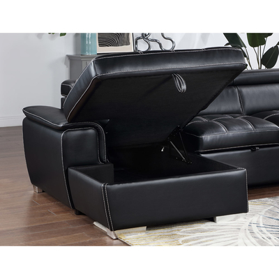 Sofá de cama seccional em forma de U com cama e armazenamento para tirar cadeira salão e apoios para a cabeça ajustáveis, couro respirável preto