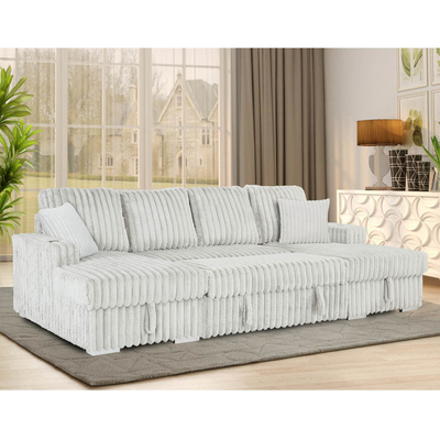 Sofá de cama seccional em forma de U com cama e armazenamento para cama, cadeira e porta-copos, tecido de corduroy cinza claro
