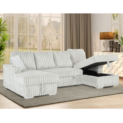 Sofá de cama seccional em forma de U com cama e armazenamento para cama, cadeira e porta-copos, tecido de corduroy cinza claro