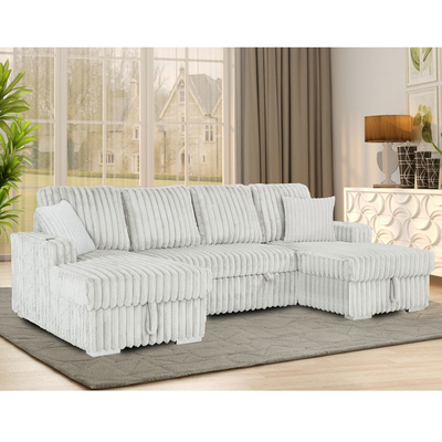 Sofá de cama seccional em forma de U com cama e armazenamento para cama, cadeira e porta-copos, tecido de corduroy cinza claro