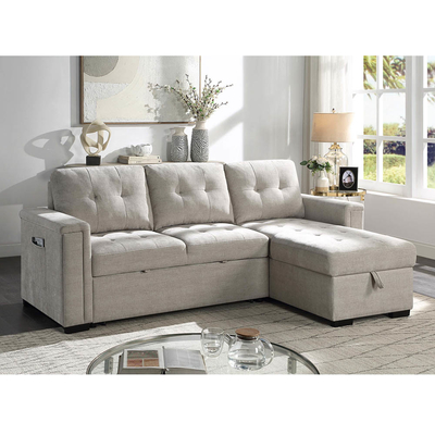 Sofá de cama seccional reversível em forma de L com cama e armazenamento, cinilha cinzenta quente
