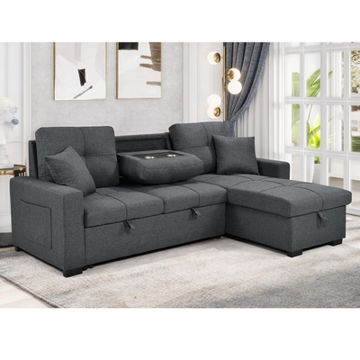 Sofá-cama reversível em forma de L com cama e armazenamento, tecido cinza neutro