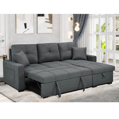 Sofá-cama reversível em forma de L com cama e armazenamento, tecido cinza neutro
