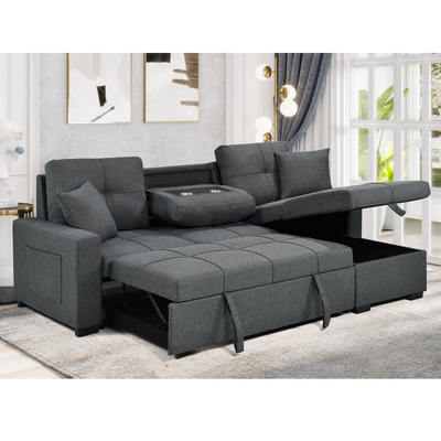Sofá-cama reversível em forma de L com cama e armazenamento, tecido cinza neutro