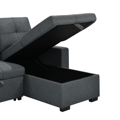 Sofá-cama reversível em forma de L com cama e armazenamento, tecido cinza neutro