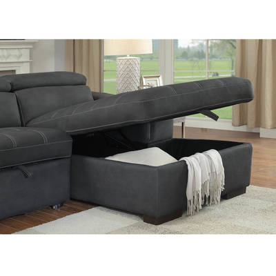 Sofá de cama seccional em forma de L, com cama desmontável e apoios de cabeça ajustáveis e cadeira de armazenamento, tecido de nubuck de grafite