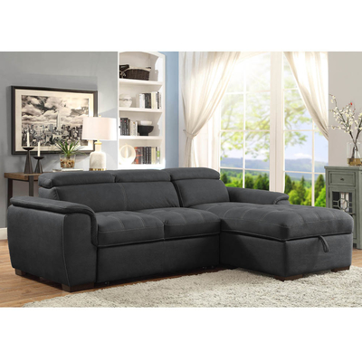 Sofá de cama seccional em forma de L, com cama desmontável e apoios de cabeça ajustáveis e cadeira de armazenamento, tecido de nubuck de grafite