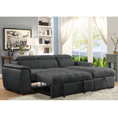 Sofá de cama seccional em forma de L, com cama desmontável e apoios de cabeça ajustáveis e cadeira de armazenamento, tecido de nubuck de grafite
