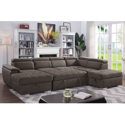 Sofá de cama seccional em forma de U com cama e armazenamento removíveis Chaise Lounge e apoios para a cabeça ajustáveis, tecido Nubuck cinza-marrom