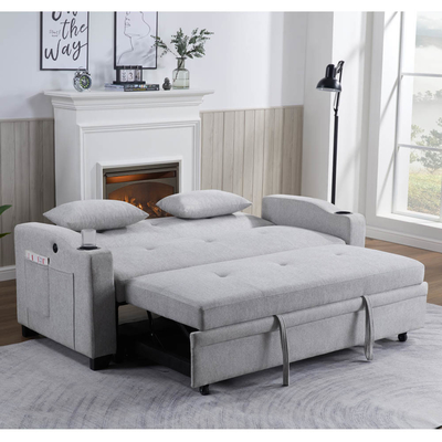 Cama de sofá de cama convertível de tamanho queen, cama confortável com encosto ajustável e porta de carregamento USB e suporte de copo, cama de sofá Futon, tecido cinza