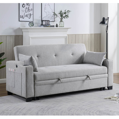 Cama de sofá de cama convertível de tamanho queen, cama confortável com encosto ajustável e porta de carregamento USB e suporte de copo, cama de sofá Futon, tecido cinza