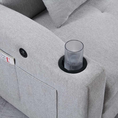 Cama de sofá de cama convertível de tamanho queen, cama confortável com encosto ajustável e porta de carregamento USB e suporte de copo, cama de sofá Futon, tecido cinza