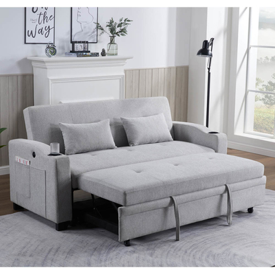 Cama de sofá de cama convertível de tamanho queen, cama confortável com encosto ajustável e porta de carregamento USB e suporte de copo, cama de sofá Futon, tecido cinza