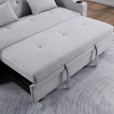Cama de sofá de cama convertível de tamanho queen, cama confortável com encosto ajustável e porta de carregamento USB e suporte de copo, cama de sofá Futon, tecido cinza