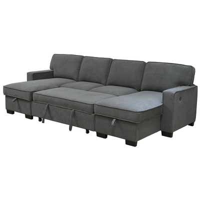 Sofá de cama seccional em forma de U com cama e cadeira de armazenamento e porta de carregamento USB e 1 tabela de queda reversível, cinilha cinzenta