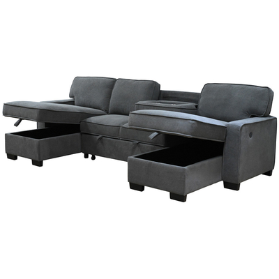 Sofá de cama seccional em forma de U com cama e cadeira de armazenamento e porta de carregamento USB e 1 tabela de queda reversível, cinilha cinzenta