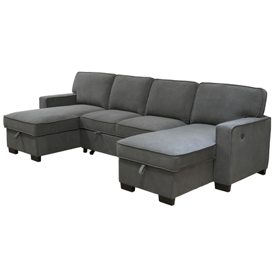 Sofá de cama seccional em forma de U com cama e cadeira de armazenamento e porta de carregamento USB e 1 tabela de queda reversível, cinilha cinzenta