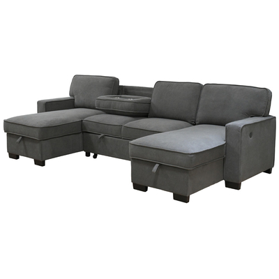 Sofá de cama seccional em forma de U com cama e cadeira de armazenamento e porta de carregamento USB e 1 tabela de queda reversível, cinilha cinzenta