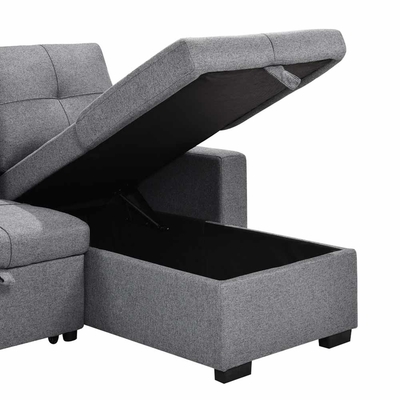 Sofá-cama reversível seccional em forma de L com cama e armazenamento, tecido cinzento
