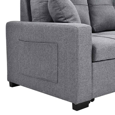 Sofá-cama reversível seccional em forma de L com cama e armazenamento, tecido cinzento