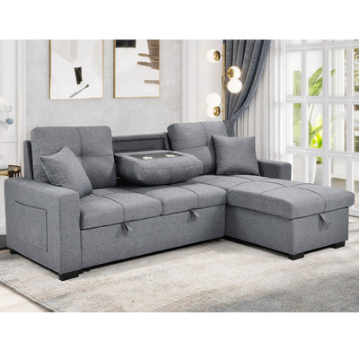 Sofá-cama reversível seccional em forma de L com cama e armazenamento, tecido cinzento
