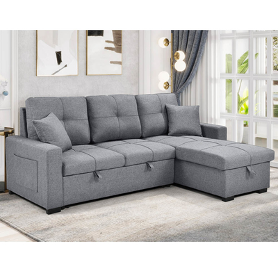 Sofá-cama reversível seccional em forma de L com cama e armazenamento, tecido cinzento