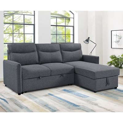 Sofá-cama reversível em forma de L com cama e armazenamento, tecido cinza neutro