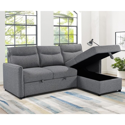 Sofá-cama reversível seccional em forma de L com cama e armazenamento, tecido cinza
