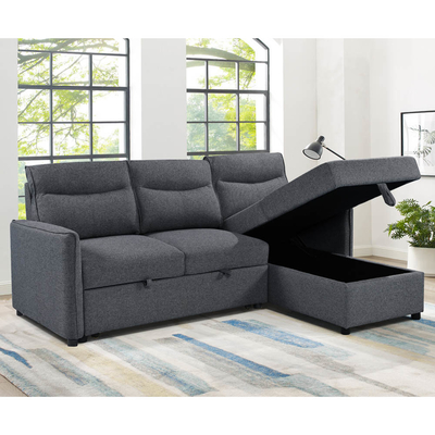 Sofá-cama reversível em forma de L com cama e armazenamento, tecido cinza neutro