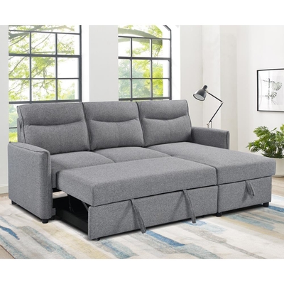 Sofá-cama reversível seccional em forma de L com cama e armazenamento, tecido cinza