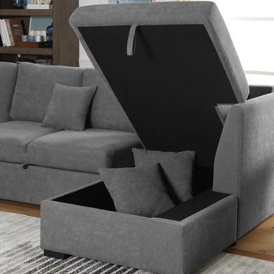 Sofá de cama seccional em forma de U com cama e armazenamento de arrumação Chaise Lounge, tecido de linho cinza
