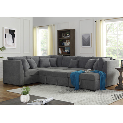 Sofá de cama seccional em forma de U com cama e armazenamento de arrumação Chaise Lounge, tecido de linho cinza