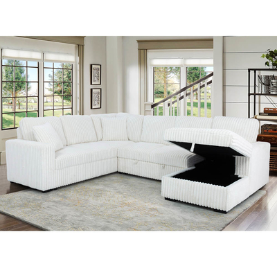 Sofá de cama seccional em forma de U com cama extraível e armazenamento Chaise Lounge e porta de carregamento USB, tecido de corduroy bege