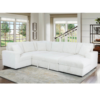Sofá de cama seccional em forma de U com cama extraível e armazenamento Chaise Lounge e porta de carregamento USB, tecido de corduroy bege