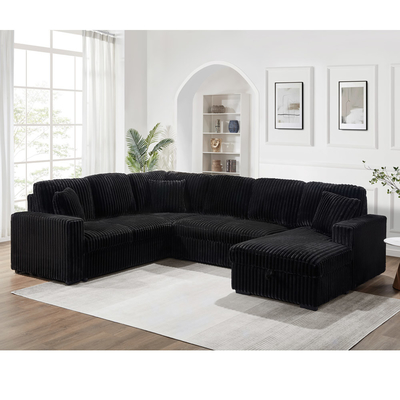 Sofá de cama seccional em forma de U com cama extraível e armazenamento Chaise Lounge e porta de carregamento USB, tecido de corduroy preto