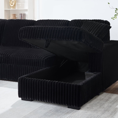 Sofá de cama seccional em forma de U com cama extraível e armazenamento Chaise Lounge e porta de carregamento USB, tecido de corduroy preto