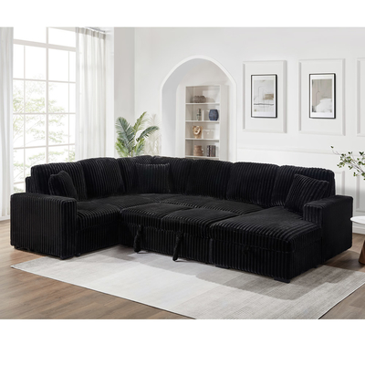 Sofá de cama seccional em forma de U com cama extraível e armazenamento Chaise Lounge e porta de carregamento USB, tecido de corduroy preto