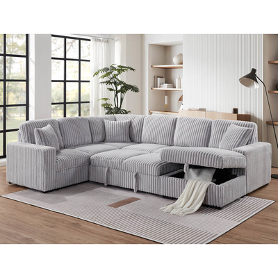 Sofá de cama seccional em forma de U com cama extraível e armazenamento Chaise Lounge e porta de carregamento USB, tecido de corduroy cinza