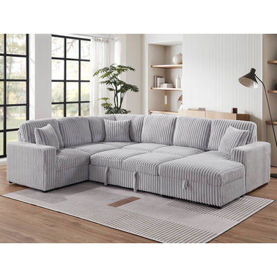 Sofá de cama seccional em forma de U com cama extraível e armazenamento Chaise Lounge e porta de carregamento USB, tecido de corduroy cinza