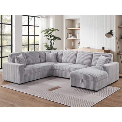 Sofá de cama seccional em forma de U com cama extraível e armazenamento Chaise Lounge e porta de carregamento USB, tecido de corduroy cinza