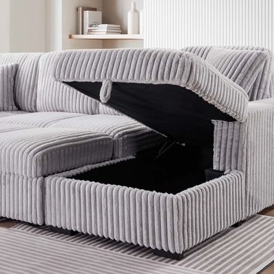 Sofá de cama seccional em forma de U com cama extraível e armazenamento Chaise Lounge e porta de carregamento USB, tecido de corduroy cinza