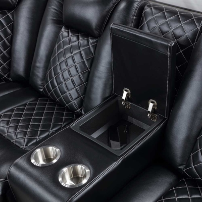 Sofá de esquina Power Recliner com 2 assentos Power Recliner e 2 apoios de cabeça Power e caixa de armazenamento e braços de armazenamento e luz LED, Leatherette respirável preto
