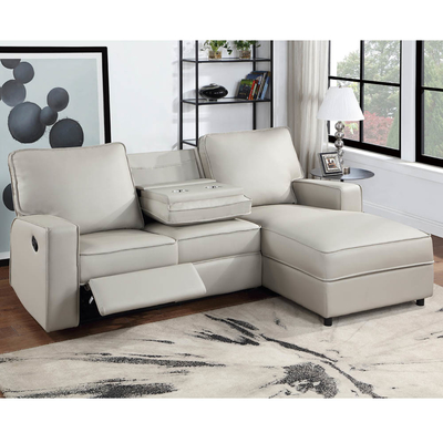 Sofá seccional com 1 assento reclinável e mesa e cadeira de apoio, Leatherette falsa cinza claro
