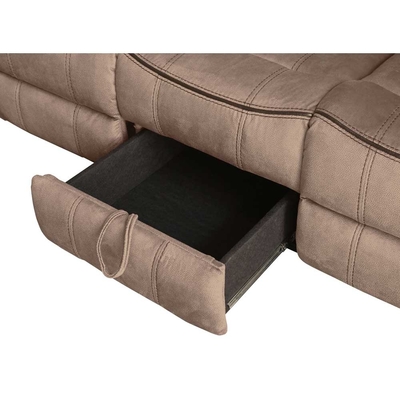 Sofá reclinável com mesa e gaveta e caixa de armazenamento, vinil de tecido marrom