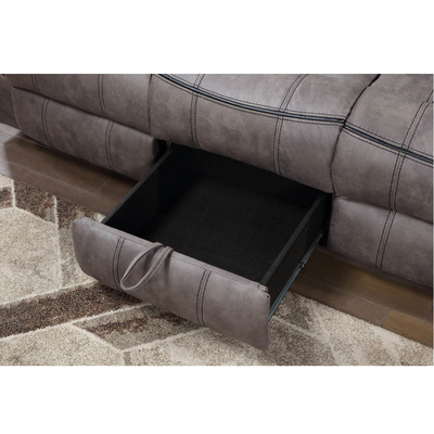 Sofá reclinável com mesa e gaveta e caixa de armazenamento, vinil cinza claro