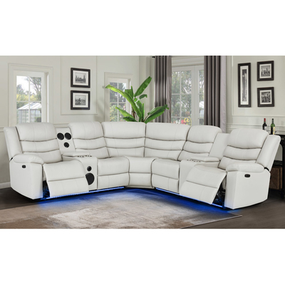 Sofá de esquina Power Recliner com 2 assentos Power Recliner e caixa de armazenamento e alto-falante de áudio Bluetooth e luz LED, couro respirável bege