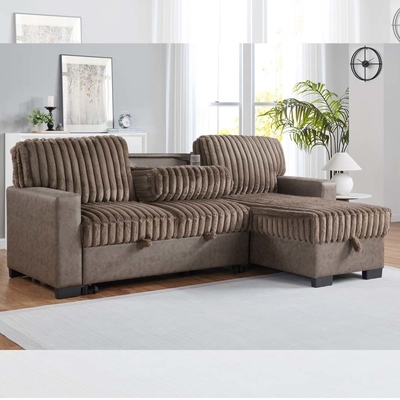Sofá-cama reversível em forma de L com cama e mesa de arrumação e armazenamento, de tecido marrom e marrom escuro