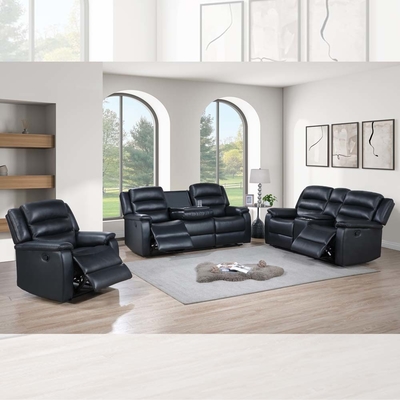 Sofá reclinável com mesa e caixa de armazenamento, couro respirável preto