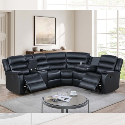 Sofá reclinável de canto com mesa e caixa de armazenamento, couro respirável preto