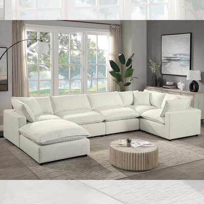 Sofá modular seccional com almofada e travesseiros, linho bege